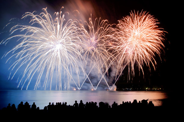 长时间曝光的大型五彩烟花与辨认不出的人群观看素材图片