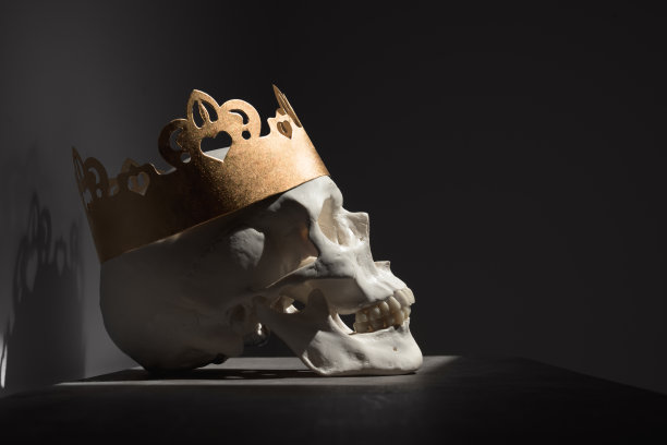 人类头盖骨戴着金色皇冠的侧面照片图片下载