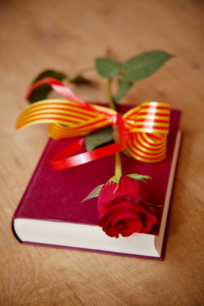 书的玫瑰和丝带与加泰罗尼亚旗的颜色图片下载