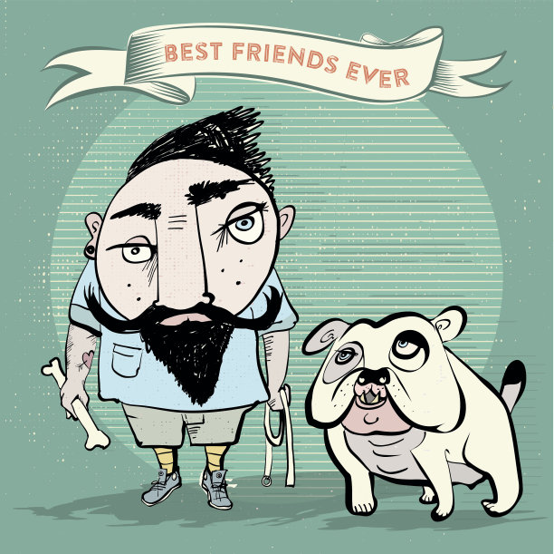 带着斗牛犬的大胡子邋遢男图片下载