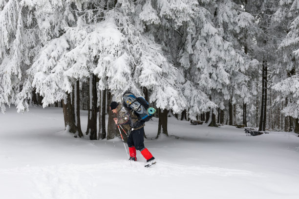 在雪地里徒步旅行的人。图片下载