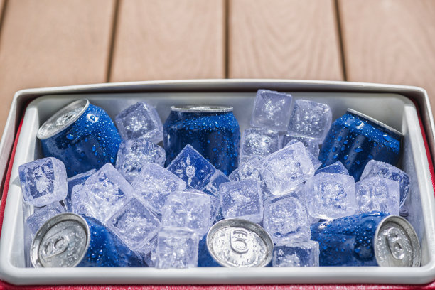 装满冰饮料罐的冷却器图片下载