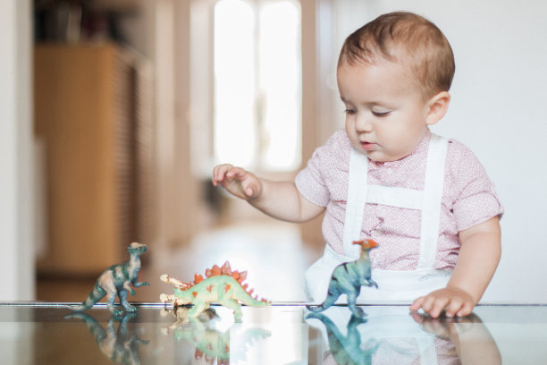 小男孩在家里和恐龙玩图片下载