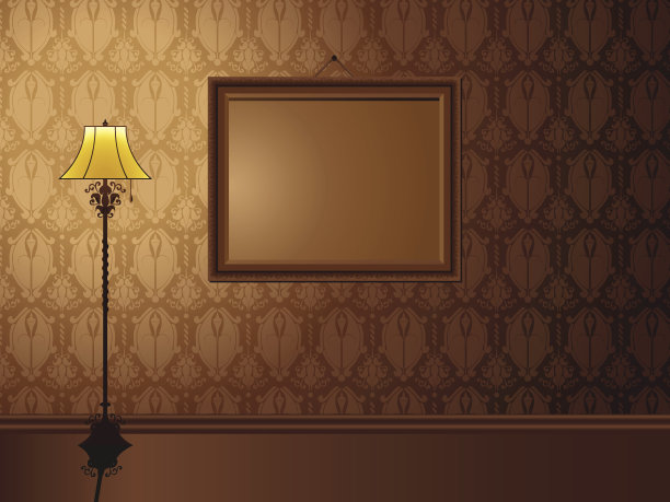 古董框挂在墙上，配有古董灯。图片下载