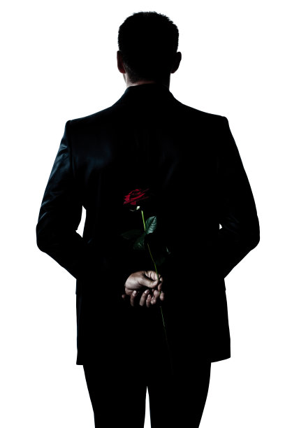 后视图剪影男子肖像拿着一朵玫瑰图片下载