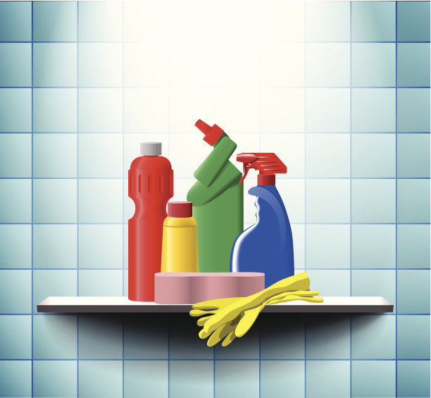 浴室架子上有瓶子和手套图片下载