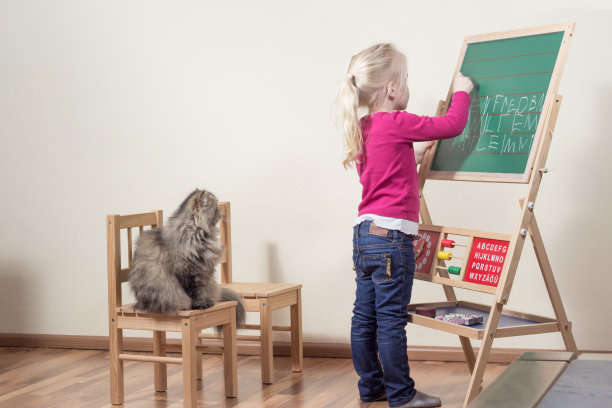 孩子教猫。图片下载