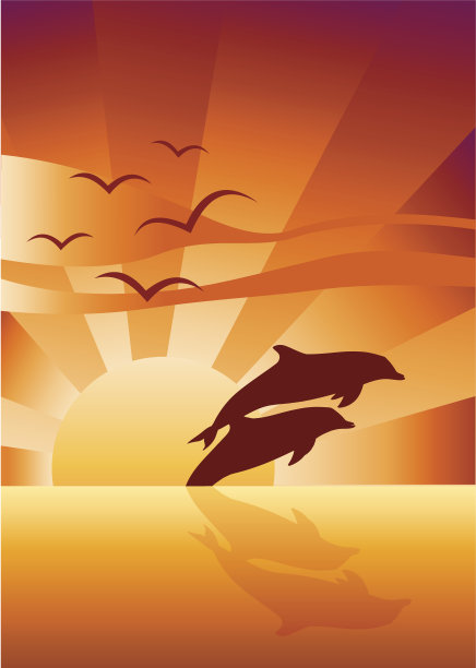 日落时的两只海豚图片下载