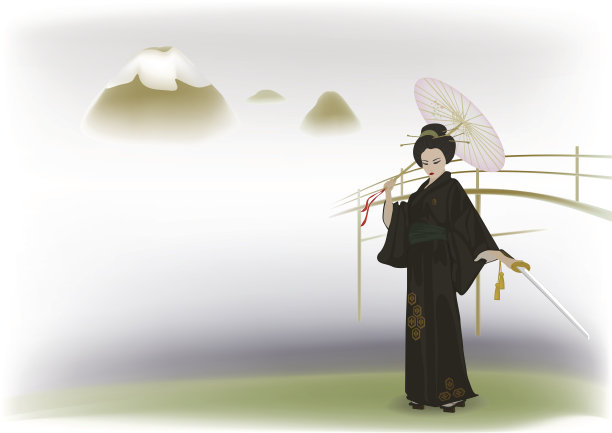 东方女孩在迷雾山的背景上图片下载