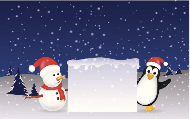 雪人和企鹅圣诞与空白标志图片下载
