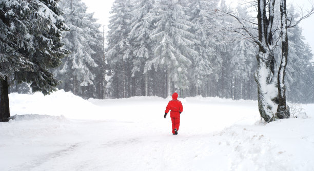 在雪中行走。一个人。图片下载
