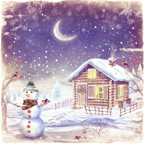 带有雪人的冬季景观插画素材图片