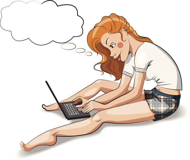 带着笔记本电脑和语音气球的矢量女人。图片下载