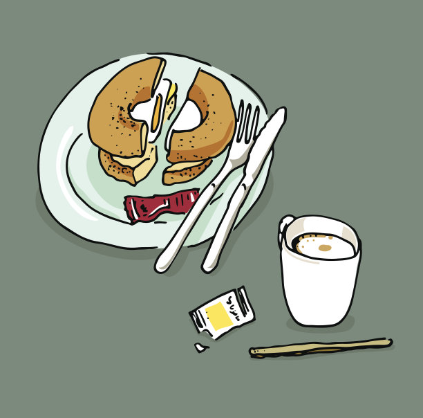 早餐百吉饼三明治和一杯咖啡小品图片下载