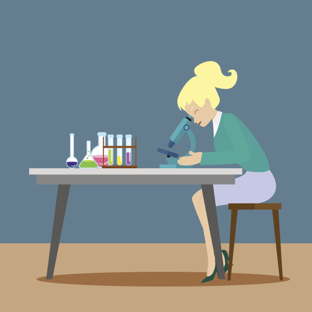 化学家或助手通过显微镜观察化学反应。新的科学发现。灰色背景上的平坦字符。向量,EPS10插图。图片下载