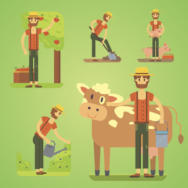 使用农具的农民。设置农民矢量图图片下载