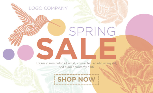 春季出售。带花和蜂鸟的矢量横幅。图片下载