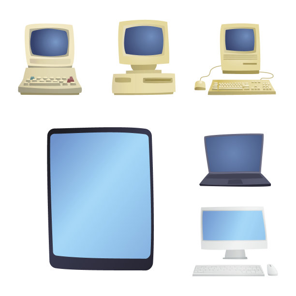 复古的电脑项目经典的古董技术风格的商业个人设备和复古的pc桌面硬件通信对象矢量插图图片下载