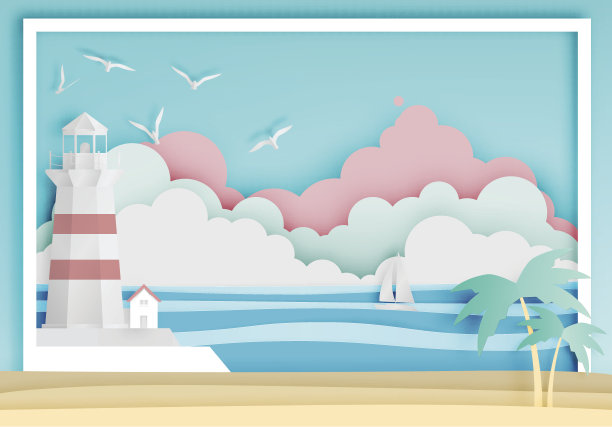 灯塔与海洋背景框架纸艺术风格素材图片