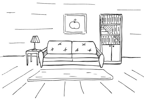 室内的线性草图。房间的计划。矢量插图。素材图片