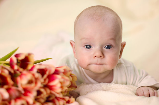 可爱的婴儿舔着嘴唇，趴在一束郁金香旁边，看着镜头图片下载