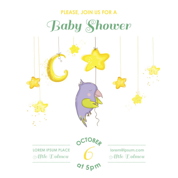 可爱的新生鹦鹉睡在星星上。婴儿洗澡卡图片下载