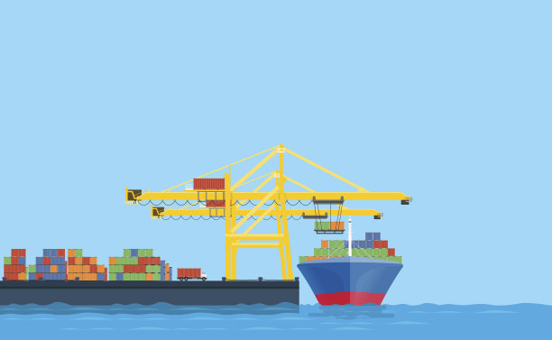 平面矢量商业购物和物流概念。国际运输。与货运商店在航运码头素材图片