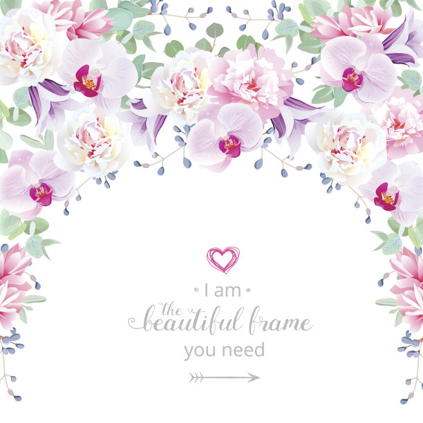 半圆形花环框架与紫色的花和叶素材图片