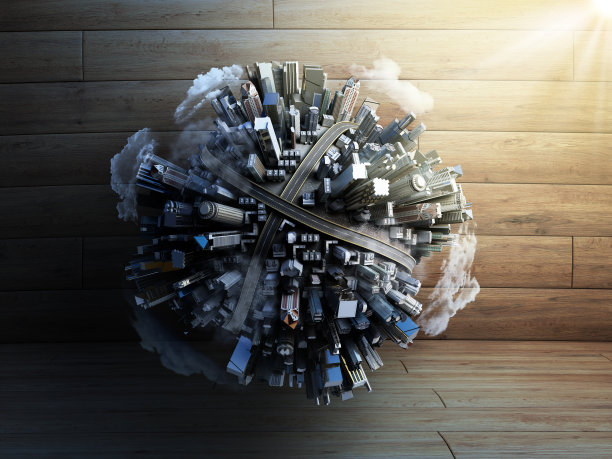 Megalopolis鸟瞰图3d渲染图像上的木材与云图片下载