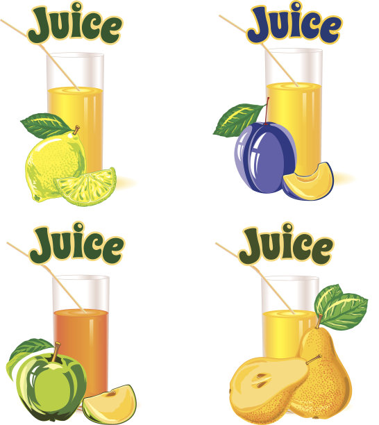 用玻璃杯盛柠檬汁、苹果汁、梨汁和李子汁图片下载