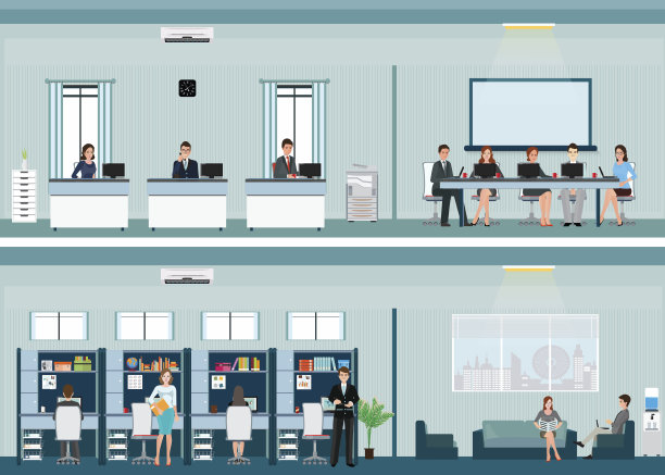 办公室工作人员，有办公桌和商务会议或团队合作。素材图片