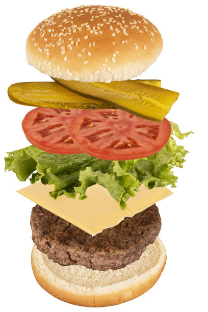 飞行汉堡配料孤立的白色背景。图片下载