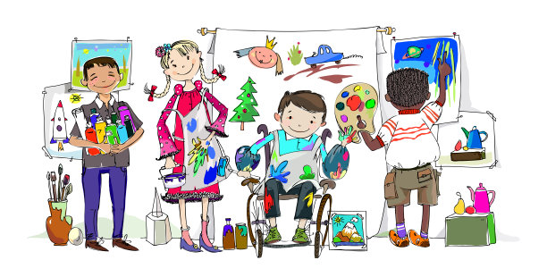 孩子们的剪影，包括那个坐在轮椅上享受美术课的男孩。图片下载