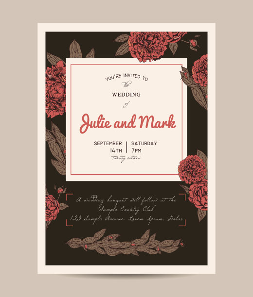 植物邀请集与回复卡。漂亮的牡丹花请帖图片下载