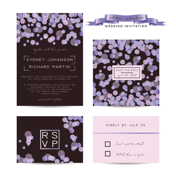 优雅的婚礼设置与回复和保存的日期卡，装饰着发光的闪闪发光。图片下载