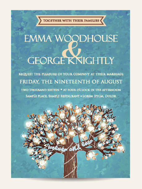 美丽的婚礼请柬，装饰着盛开的树。复古的邀请模板与发光的花环图片下载