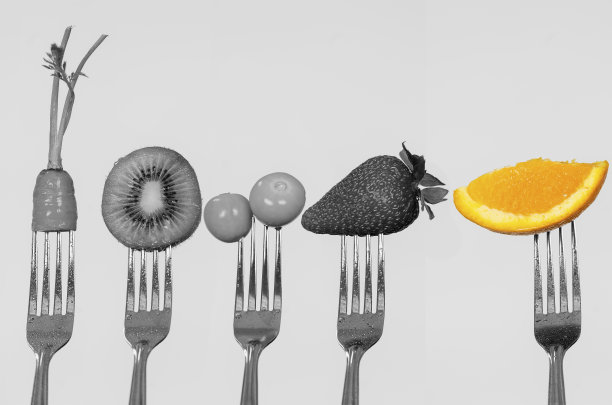 五叉垂直位置显示黑白胡萝卜、猕猴桃图片下载