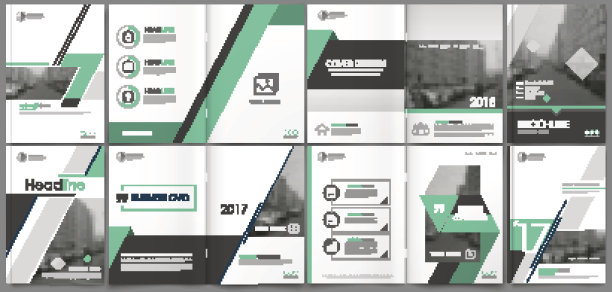 抽象的模板。A4宣传册封面设计。信息横幅框架。标题页模型集。现代矢量首页艺术。城市城市街道纹理。绿线图标。广告传单文本字体。战略步骤列表图片下载