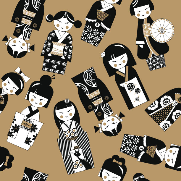 传统的日本娃娃。小木偶娃娃。无缝的背景图案。图片下载