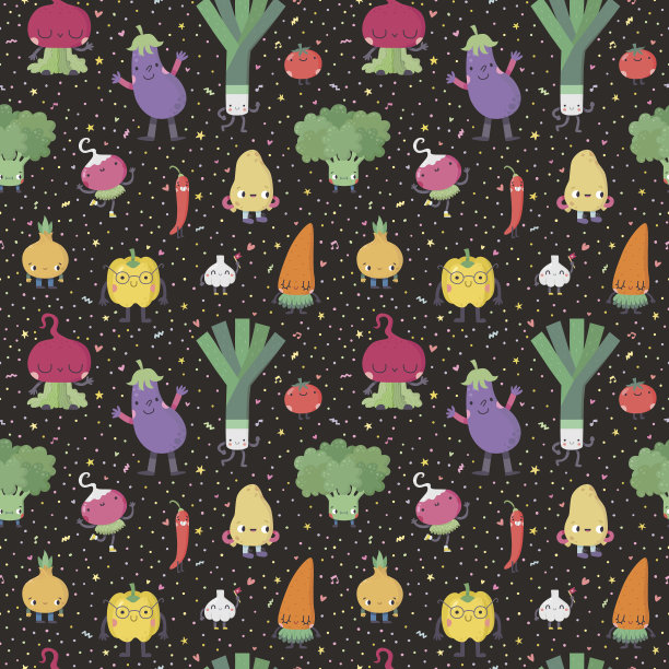 可爱的卡通蔬菜无缝矢量图案与五彩纸屑。图片下载