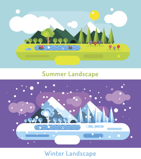 室外夏季和冬季景观抽象。树木是自然的标志，高山图片下载