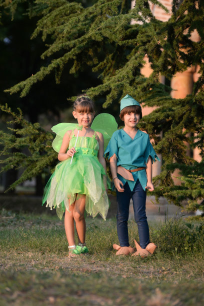 男孩和女孩穿着带翅膀的绿色精灵服装图片下载