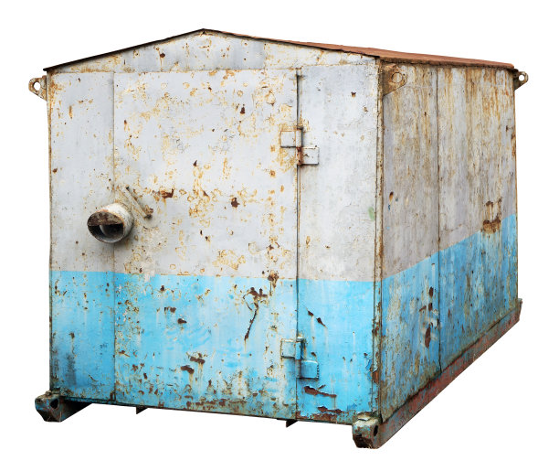 又脏又旧，生锈的蓝色金属，没有名字的卡车，没有轮子的拖车。孤立的补丁图片下载