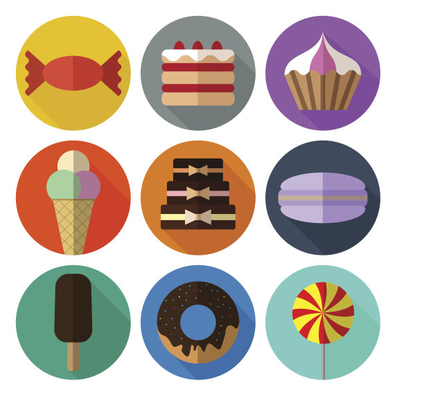 一套色彩丰富的简单糕点平面图标与长阴影在ci图片下载
