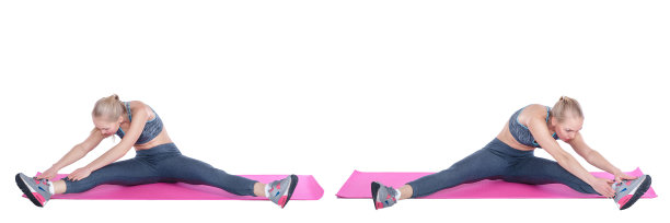 美丽的金发女子在白色背景的健身垫子上做运动。伸展运动。设置集合。图片下载