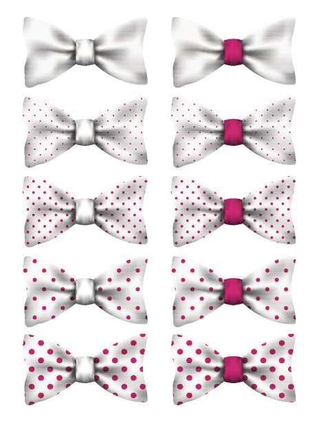 白色蝴蝶结与粉红色点设置现实的矢量插图孤立在白色图片下载