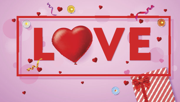 爱的卡片，排版，一个大的红色的心，在一个充气的猩红色气球的形式。俯视图构图与礼盒，蜡烛，金属箔和五彩纸屑图片下载