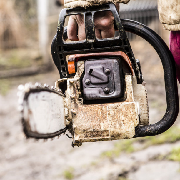 一个男人在后院锯木头图片下载