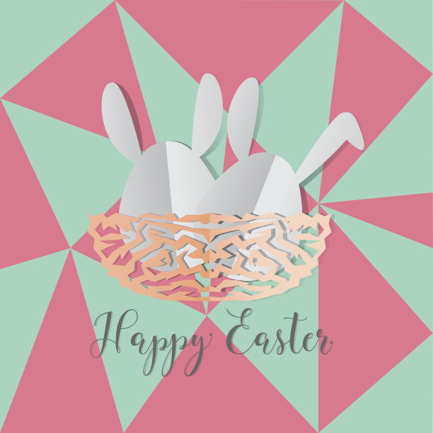 五彩缤纷的复活节兔子在复活节彩蛋上窝蛋在灰色的背景上，剪纸风格的EPS 10矢量插图设计。图片下载