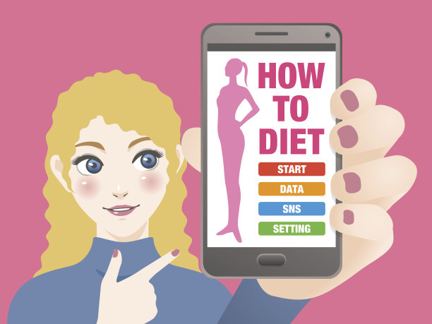 年轻女子手持智能手机，在屏幕上指向饮食应用程序界面，矢量插图图片下载